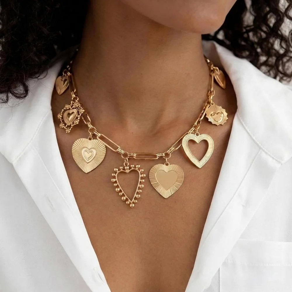 Chunky Gold Necklace With Heart Charms